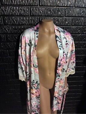 Floral Satin Kimono Robe in Light Blue and Pink - Women's Intimates